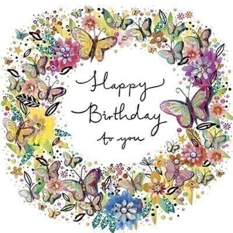 This Birthday greetings card from Paper Rose shows a brightly coloured floral wreath together with a number of butterflies with Happy Birthday To You written on the front. The card is perfect to send to someone celebrating a birthday and it has Have a Lovely Day written on the inside. Comes complete with a purple envelope.